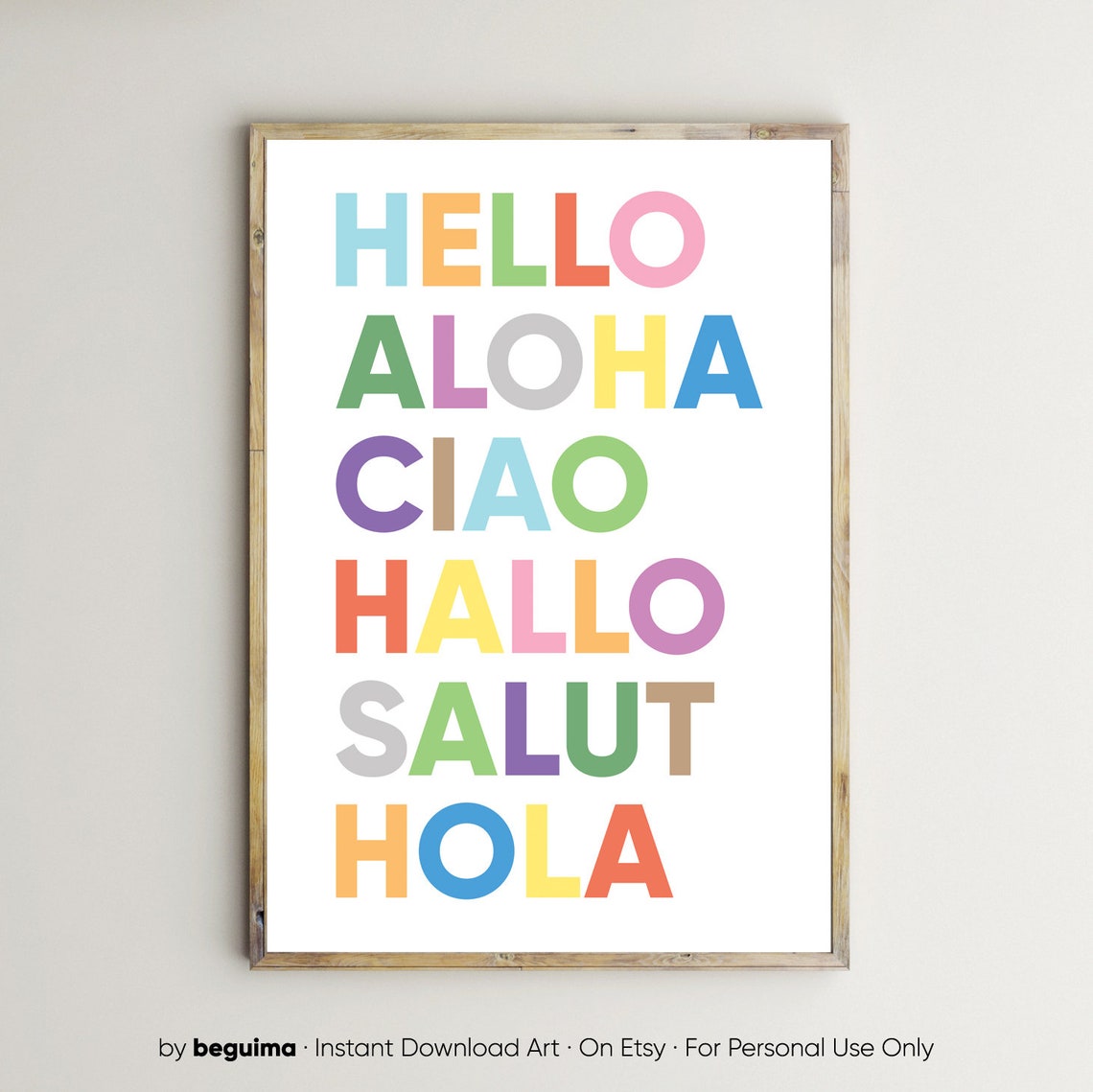 Hello in Six Languages Colorful Greeting Typography Wall Art