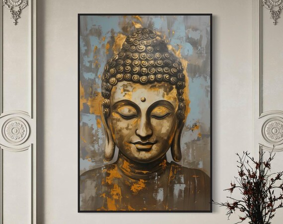 Serene Gold Buddha Face Zen Blue Grey Spiritual Wall Art Poster