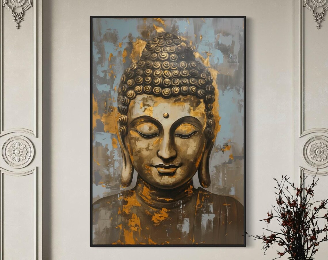 Serene Gold Buddha Face Zen Blue Grey Spiritual Wall Art Poster