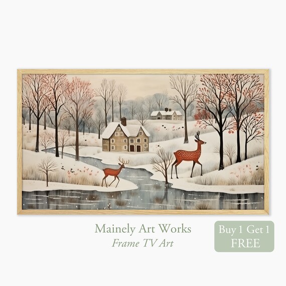 Deer In Snowy Winter Landscape With Farmhouse Folk Style Vintage Wall Art Print