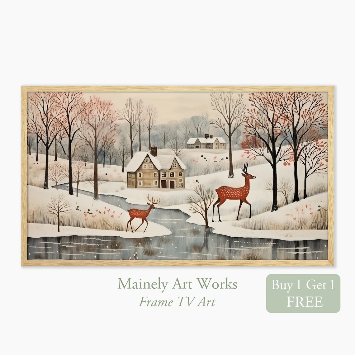 Deer In Snowy Winter Landscape With Farmhouse Folk Style Vintage Wall Art Print