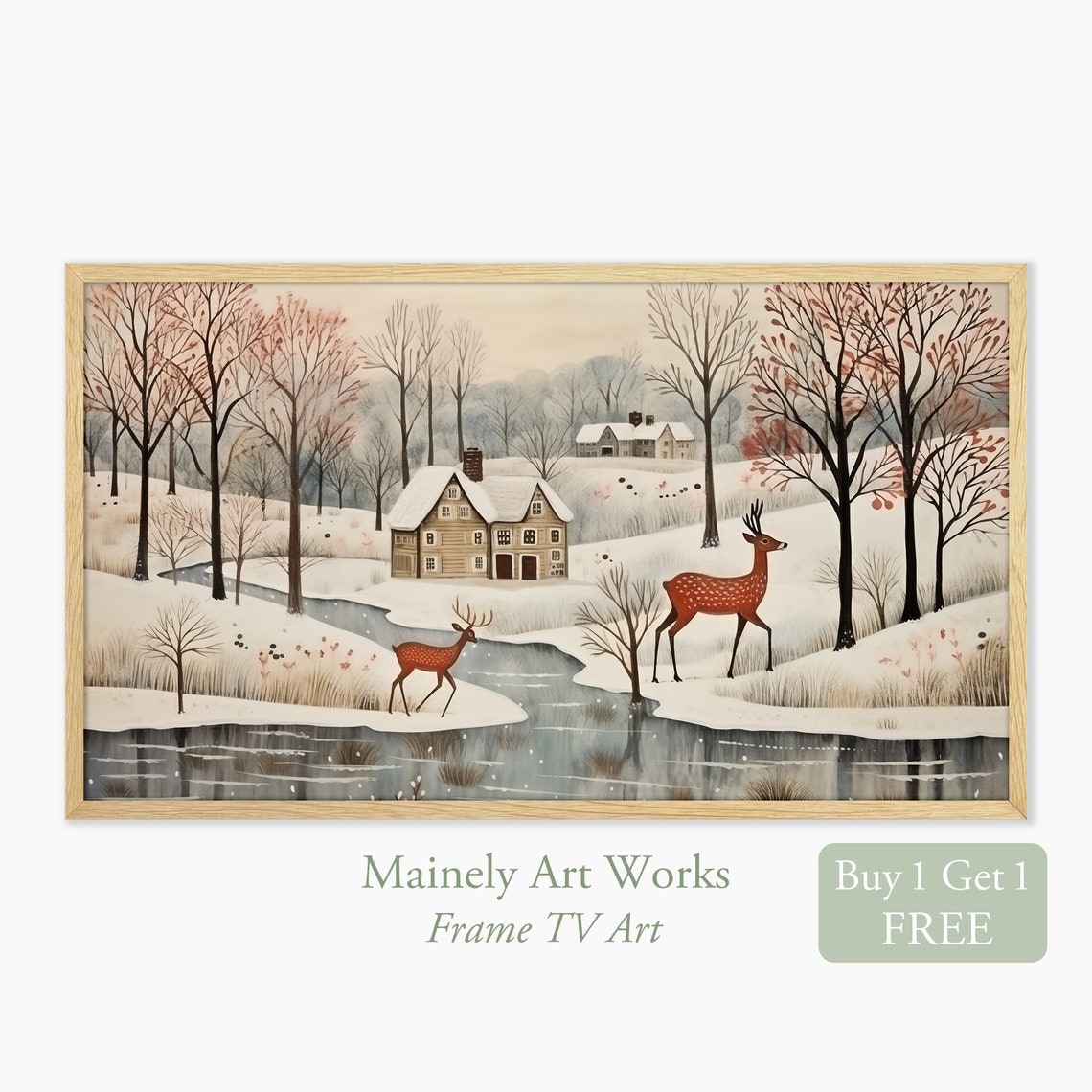 Vintage Winter Painting Frame Tv Art Fir Trees Farmhouse Art For Tv Set Scandanavian Style Deer Painting Warm Neutral Tv Art Decor