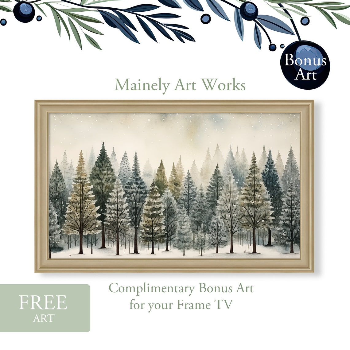Vintage Winter Painting Frame Tv Art Fir Trees Farmhouse Art For Tv Set Scandanavian Style Deer Painting Warm Neutral Tv Art Decor - Image 3