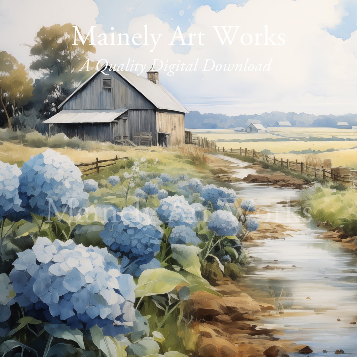 Blue Hydrangeas By Country Stream With Rustic Barn Watercolor Print - Image 3