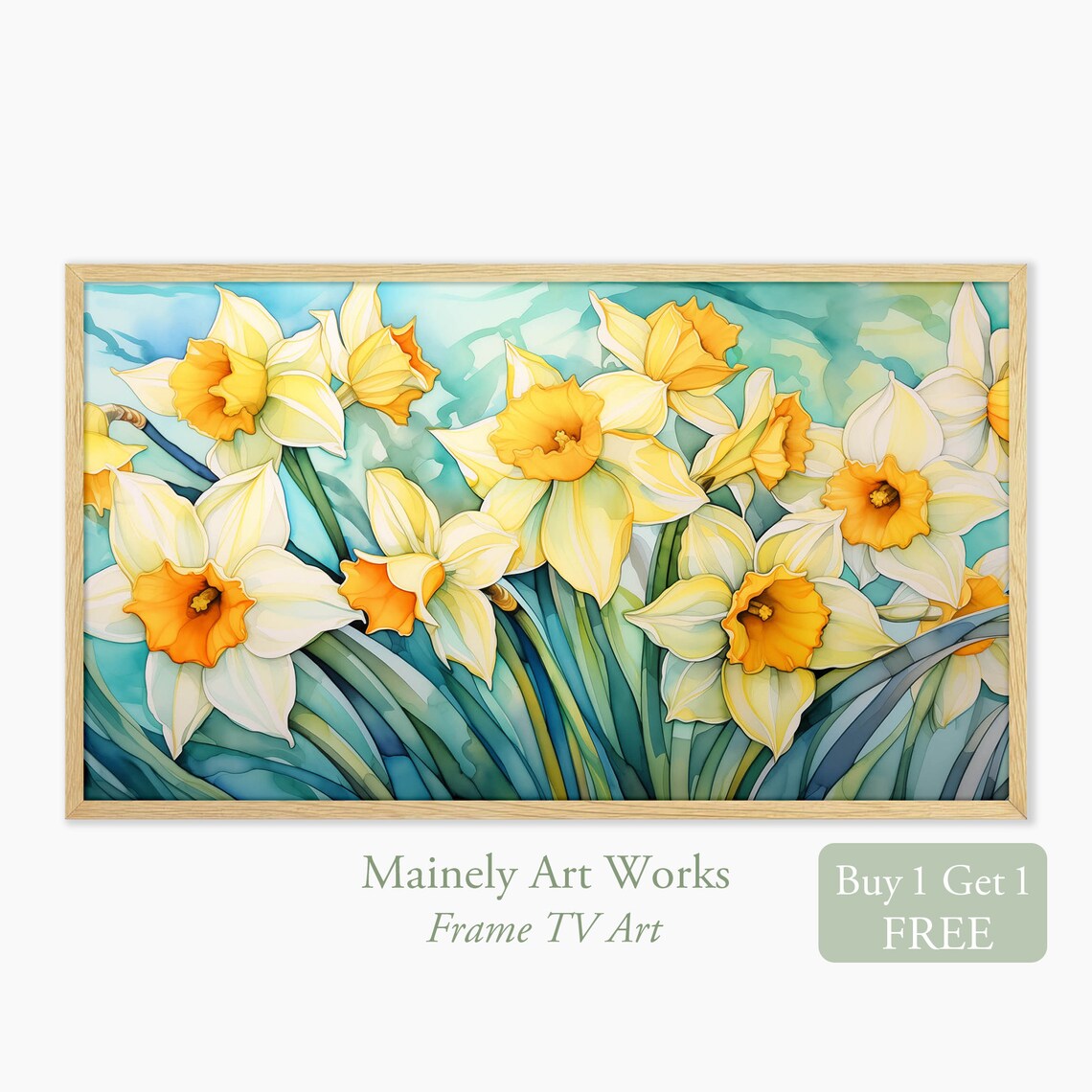 White Yellow Daffodil Stained Glass Style Floral Watercolor Poster