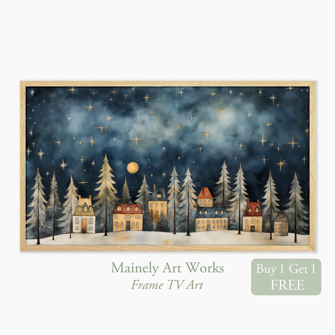Winter Frame Tv Art Vintage Country Art For Tv Village Painting Nighttime Winter Tv Art Folk Primitive Tv Art Christmas Trees