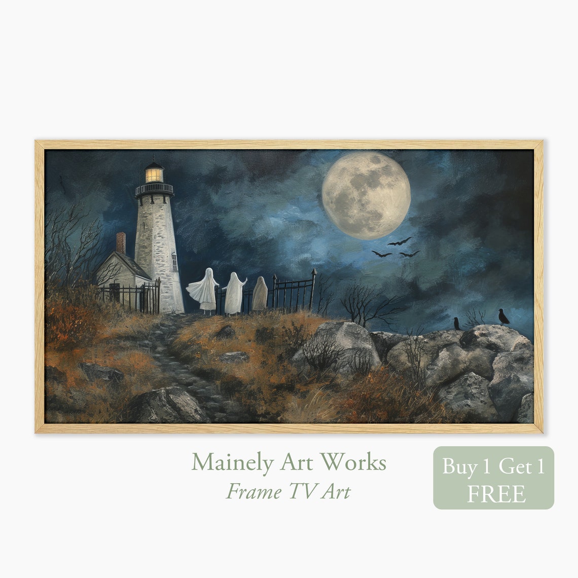 Haunted Lighthouse Ghosts Full Moon Bats Spooky Halloween Poster