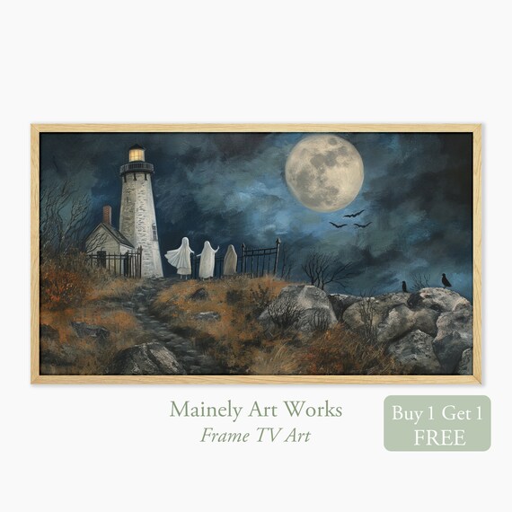 Haunted Lighthouse Ghosts Full Moon Bats Spooky Halloween Poster