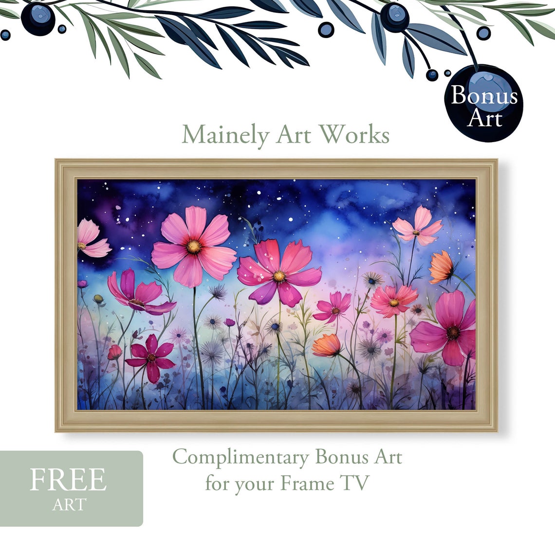 Purple Delphinium Night Garden Bloom Moonlight Watercolor Poster - Image 2