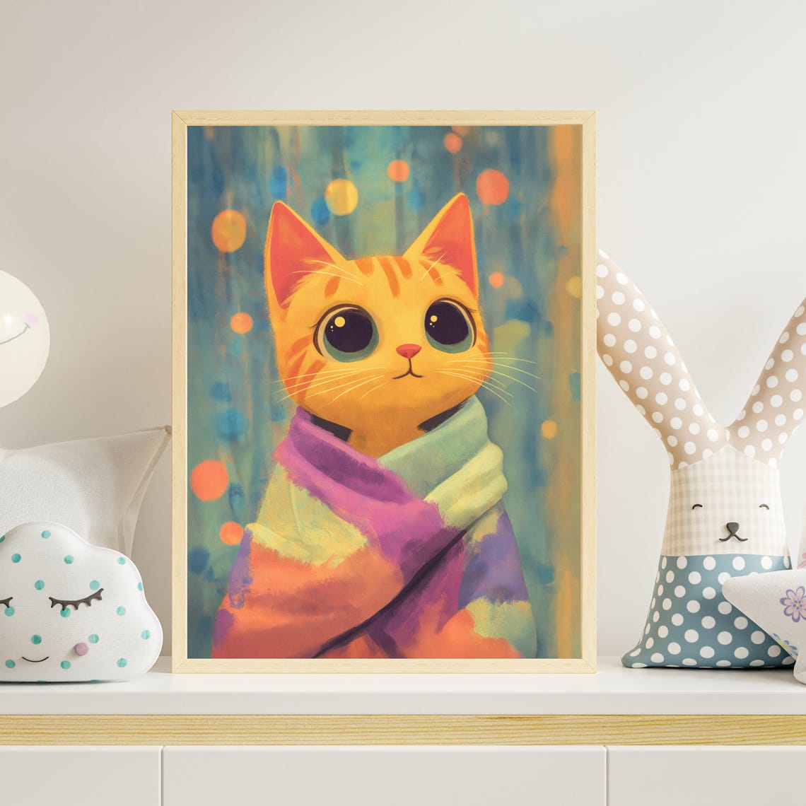 Cute Orange Kitten Wrapped In Rainbow Blanket Kids Room Animal Poster