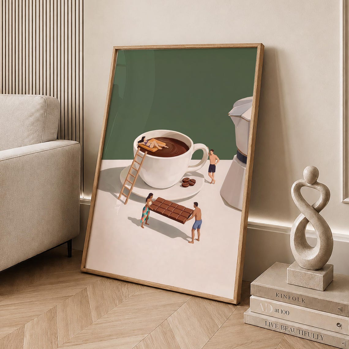 Surreal Giant Espresso Cup Tiny People Coffee Adventure Art Poster
