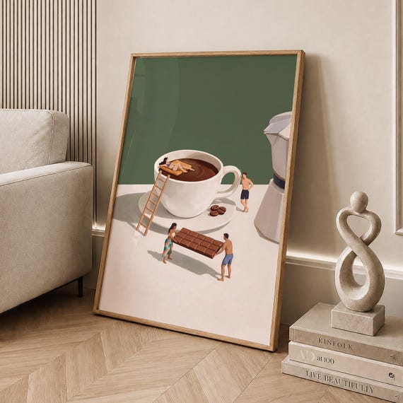 Coffee Adventures Art Print Surreal Espresso Cup Illustration Modern Kitchen Wall Lover Gift Poster Digital File