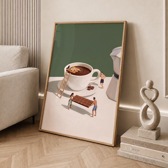 Surreal Giant Espresso Cup Tiny People Coffee Adventure Art Poster