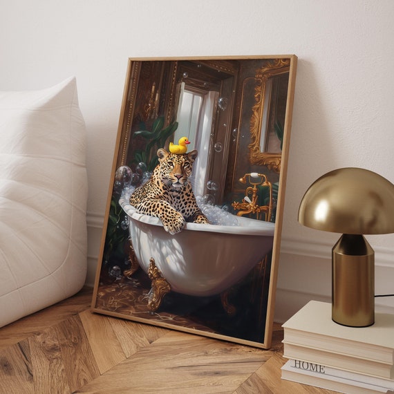 Leopard With Rubber Duck Poster In Bathtub Print Pink Bathroom Prints Animal Funny Wall Art Optional Frame