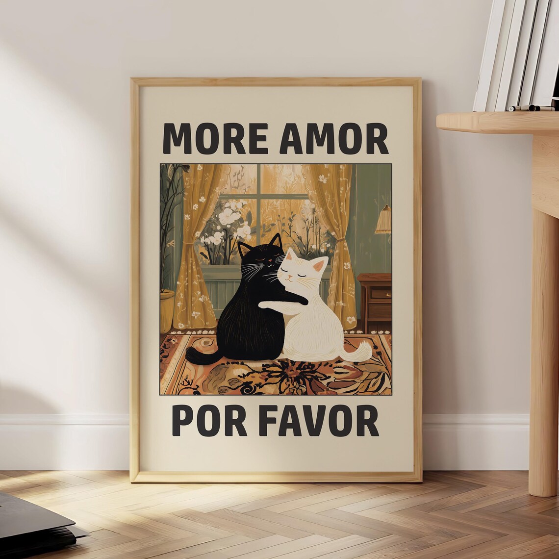 More Amor Por Favor Cats Hugging Cozy Retro Style Cat Lovers Wall Poster
