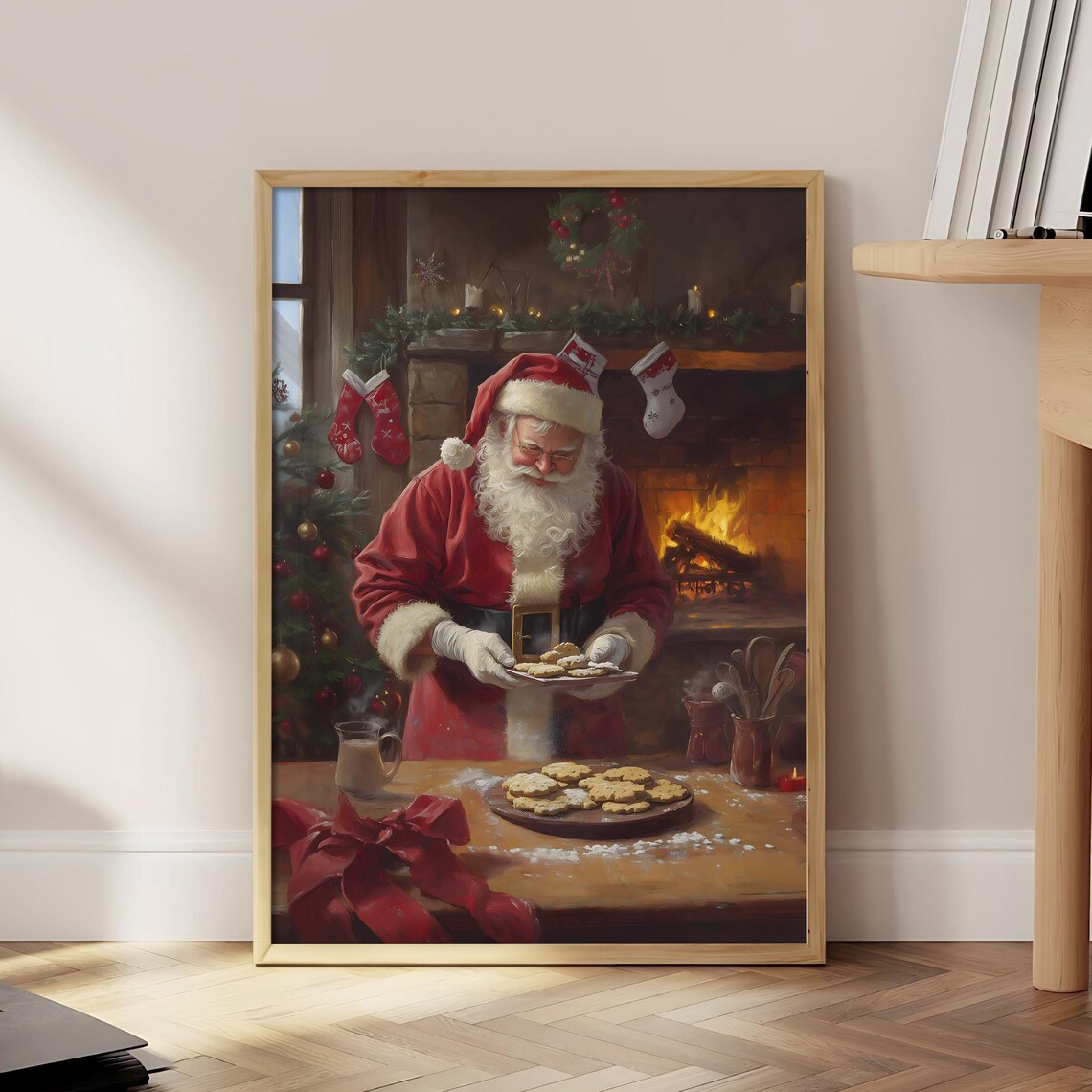 Santa Claus Baking Cookies by Cozy Fireplace Christmas Poster