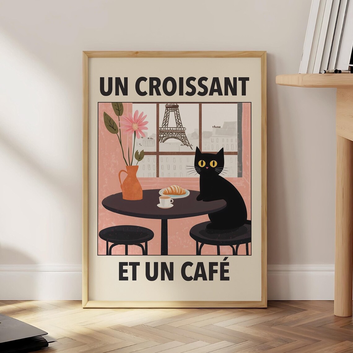 Un Croissant Et Un Cafe Black Cat Paris Cafe Retro Vintage Poster