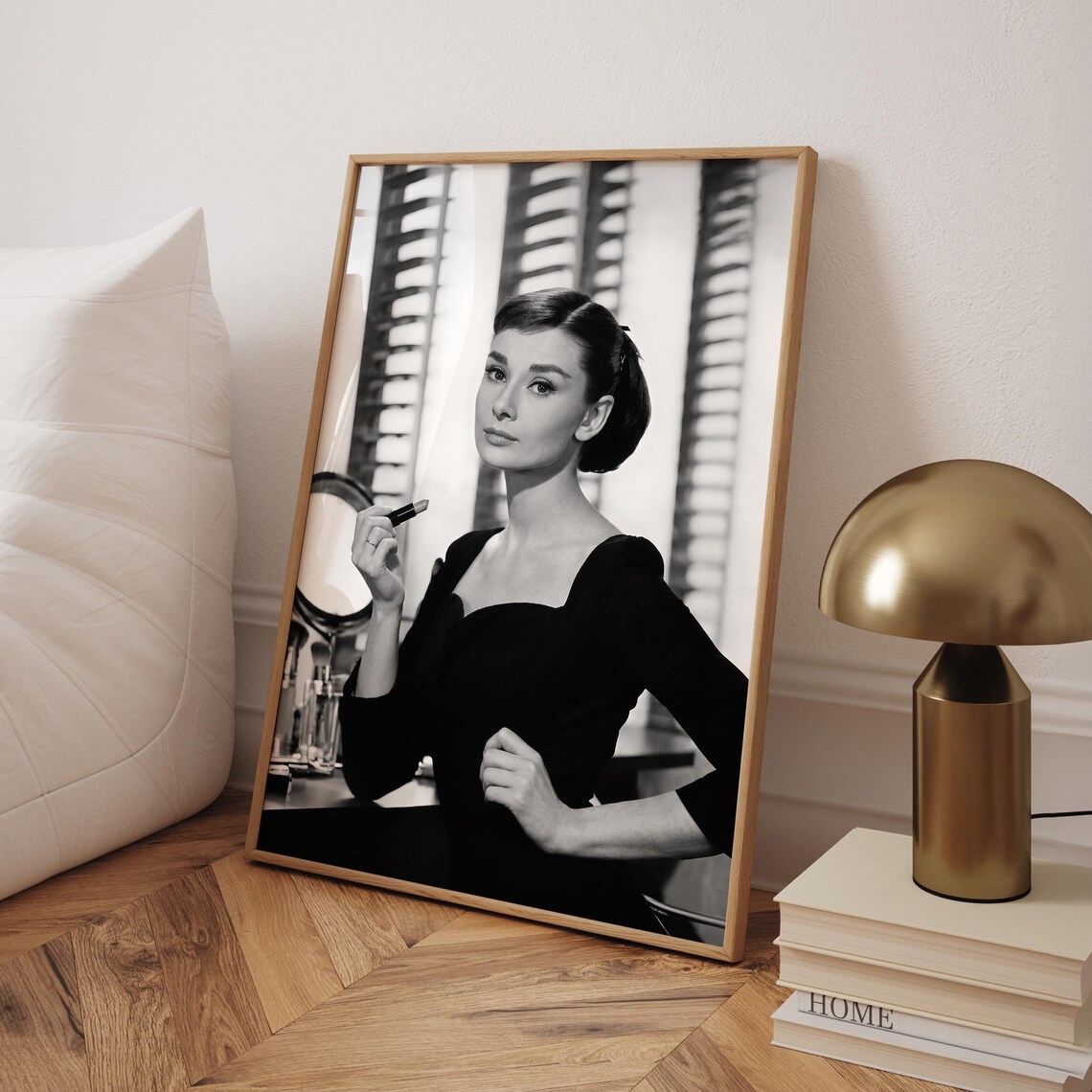 Audrey Hepburn Applying Lipstick Black And White Classic Film Poster