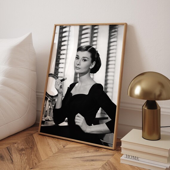 Audrey Hepburn Applying Lipstick Black And White Classic Film Poster