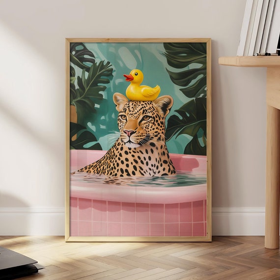 Leopard In Bathtub Print Pink Bathroom Prints Jungle Wall Art Rubber Duck Poster Animal Digital File