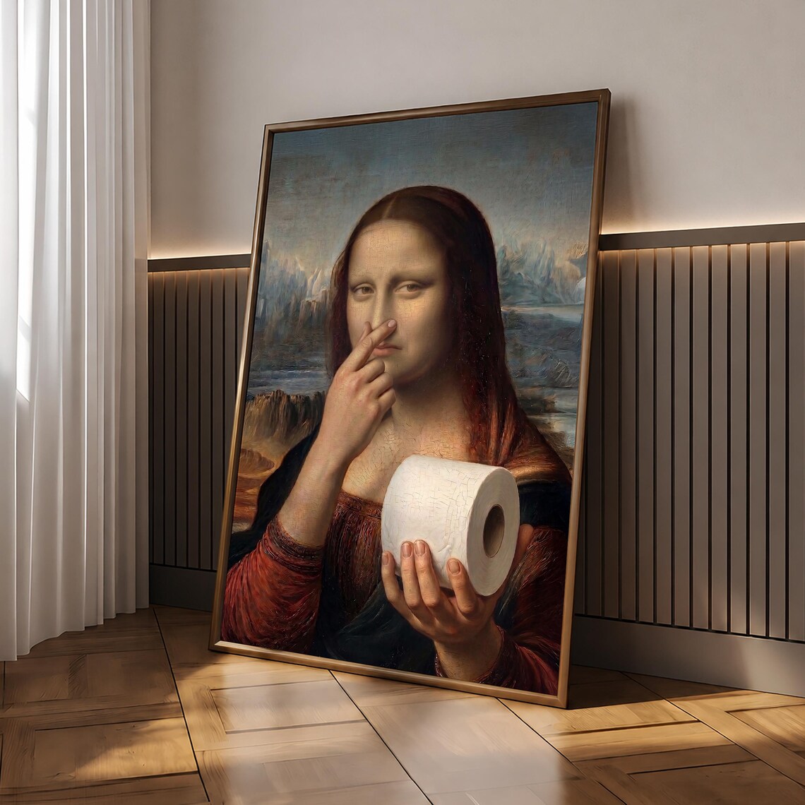 Funny Mona Lisa Bathroom Poster, Vintage Wall Art Print