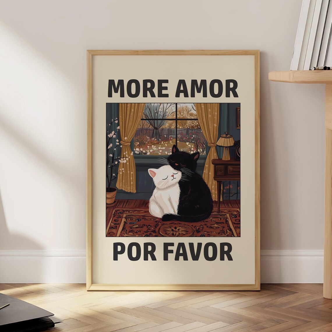 More Amor Por Favor Cuddling Cats Night Window Cozy Retro Love Poster