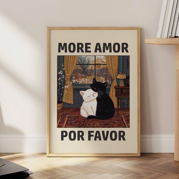 More Amor Por Favor Cuddling Cats Night Window Cozy Retro Love Poster