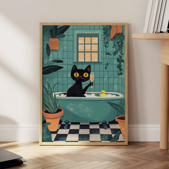 Funny Black Cat Rubber Duck Poster Pink Bathroom Prints Jungle Wall Art Animal In Bathtub Print Optional Frame