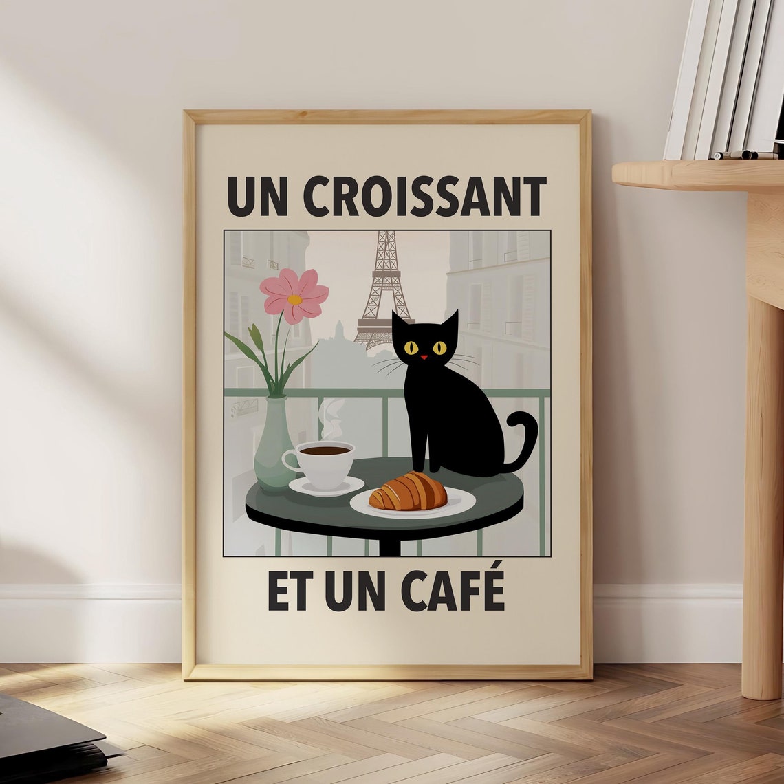 French Cafe Black Cat Print Un Croissant Poster Kitchen Wall Art More Espresso Coffee And Optional Frame