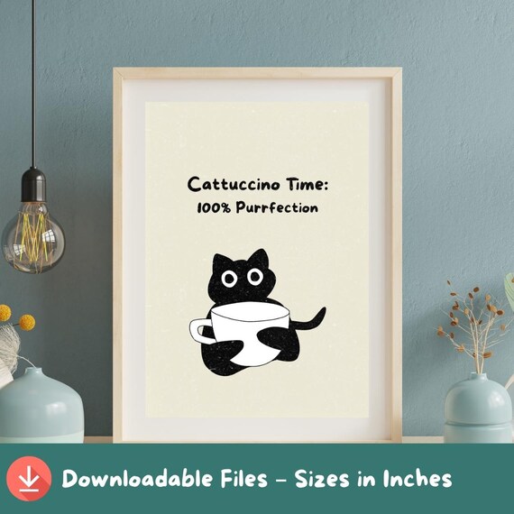 Funny Black Cat Cattuccino Time 100 Percent Purrfection Hugging Cup Poster