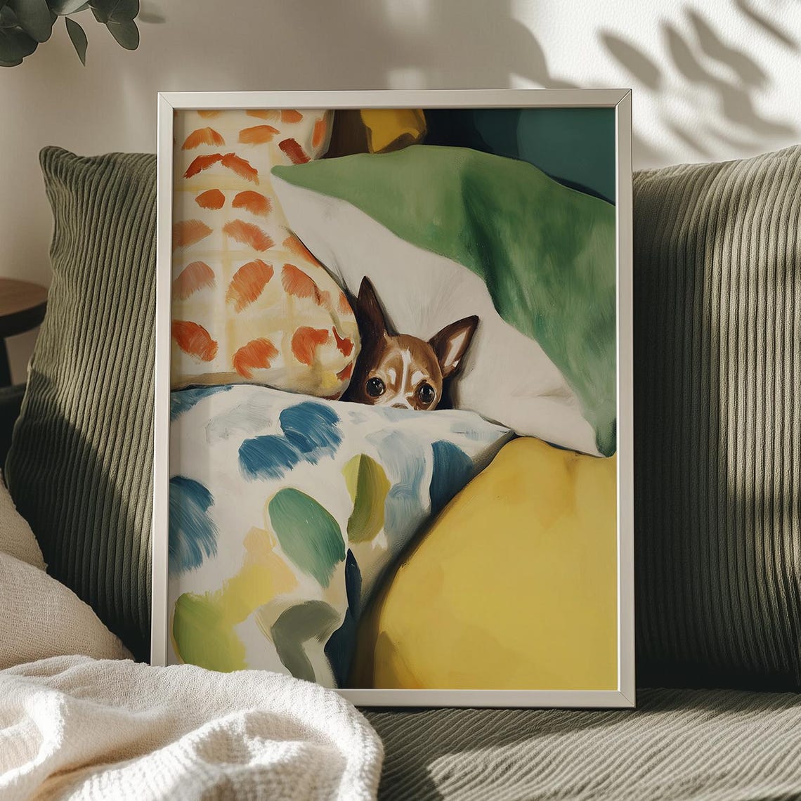 Chihuahua Puppy Peeking From Colorful Blankets Cute Dog Wall Art