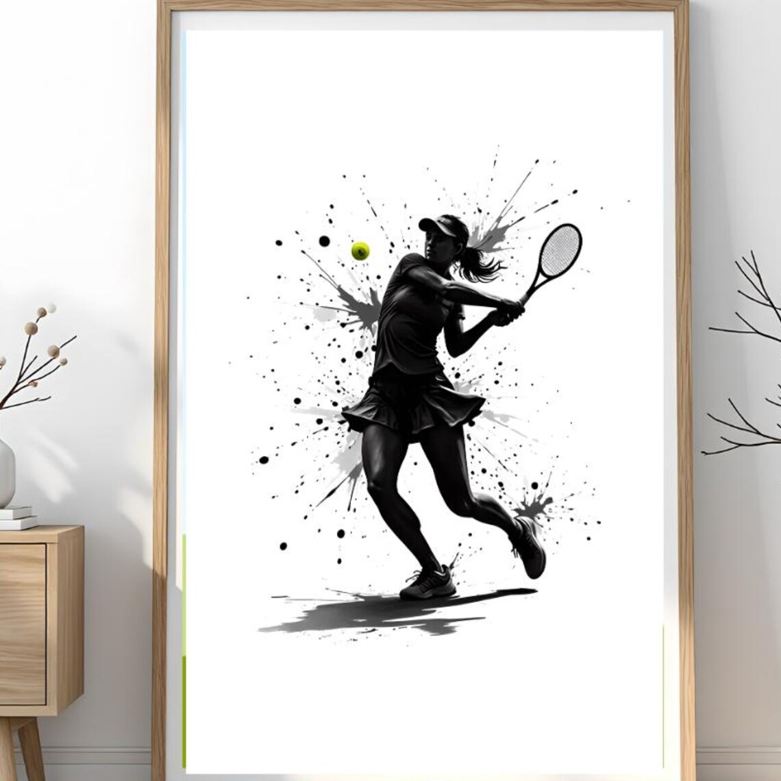 Female Tennis Player Backhand Splash Black White Athletic Action Sports Poster