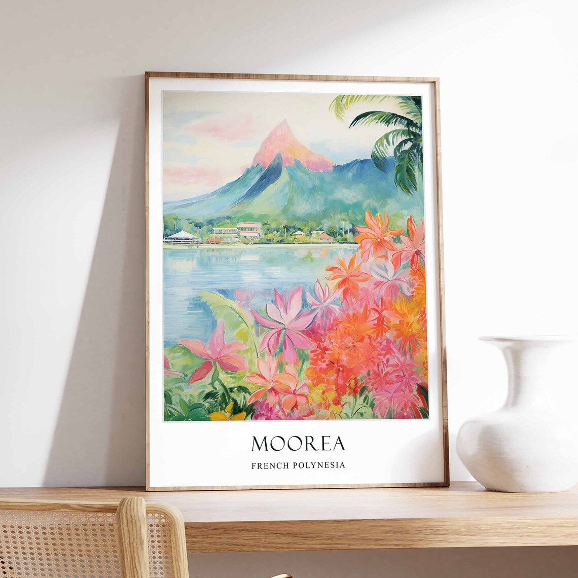 Moorea French Polynesia Tropical Flowers Pink Mountain Travel Poster