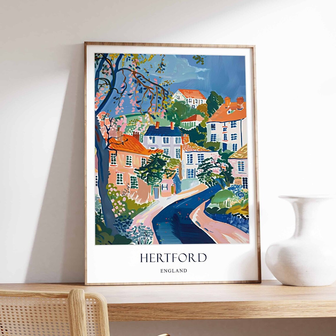 Hertford England Village Street Colorful Watercolor Travel Poster