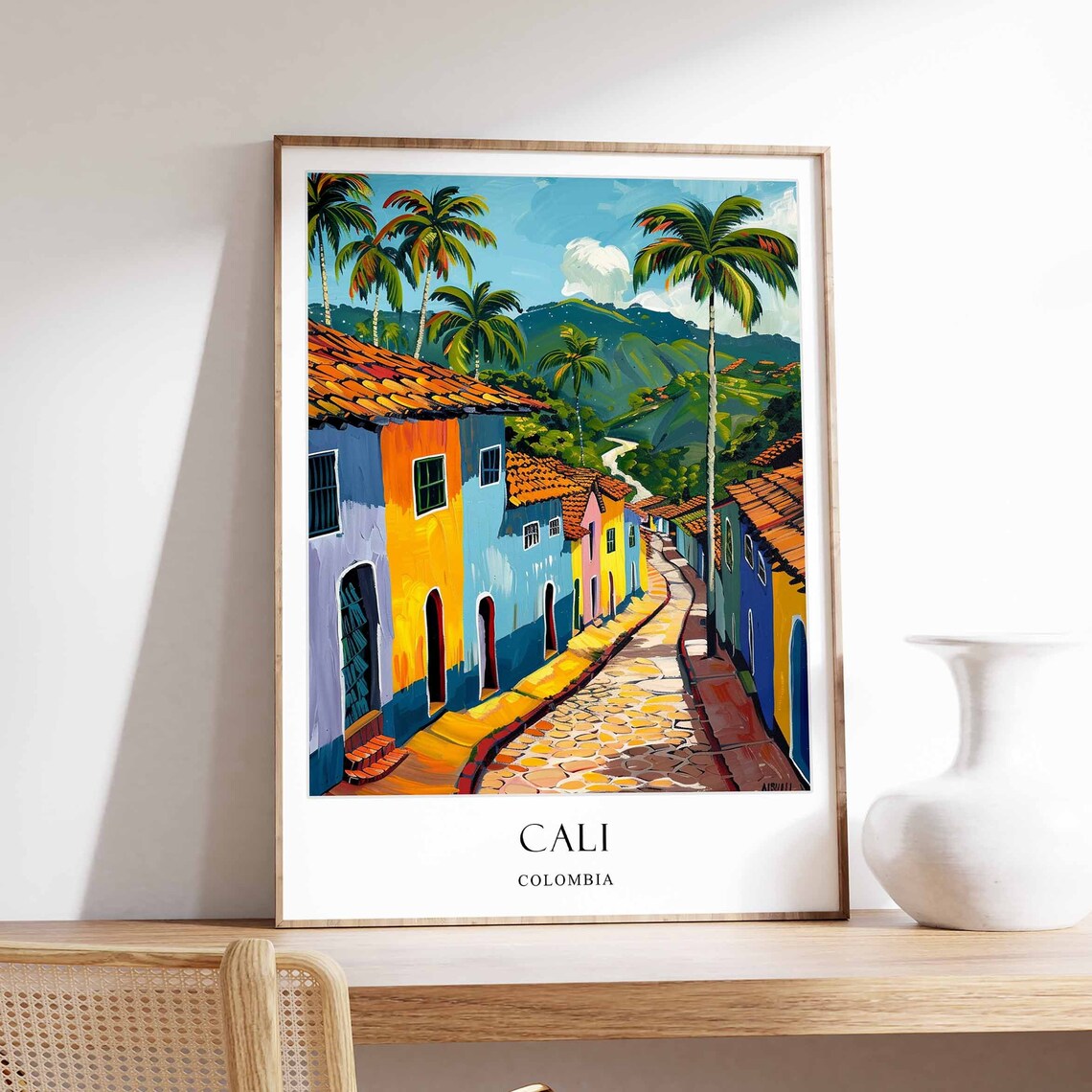 Cali Colombia Colorful Colonial Street Palm Trees Scene Poster