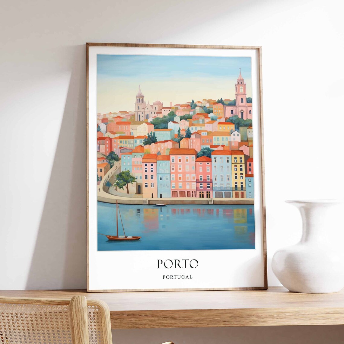 Porto Portugal Riverside Old Town Colorful Sailboat Travel Poster