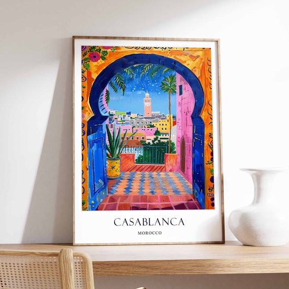 Casablanca Poster Morocco Vintage Travel Art Moroccan African Islamic Hassan Ii Mosque