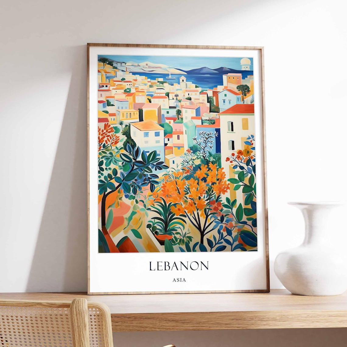 Lebanon Coastal Town Bay Travel Poster With Tropical Hillside Art