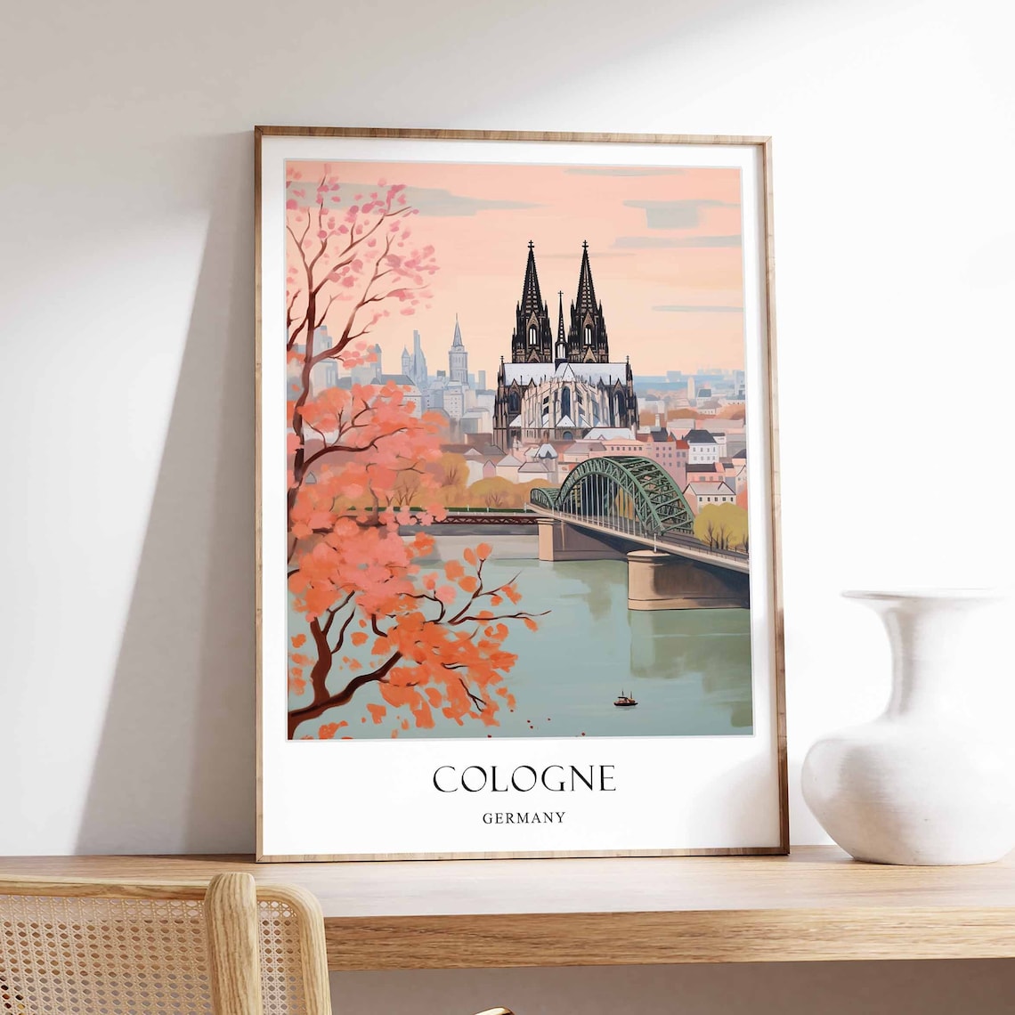 Cologne Germany Cathedral Autumn Cherry Blossom Travel Poster