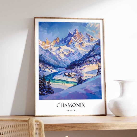 Chamonix Poster France Alps Vintage Travel Art Ski Hiking European Wall Decor