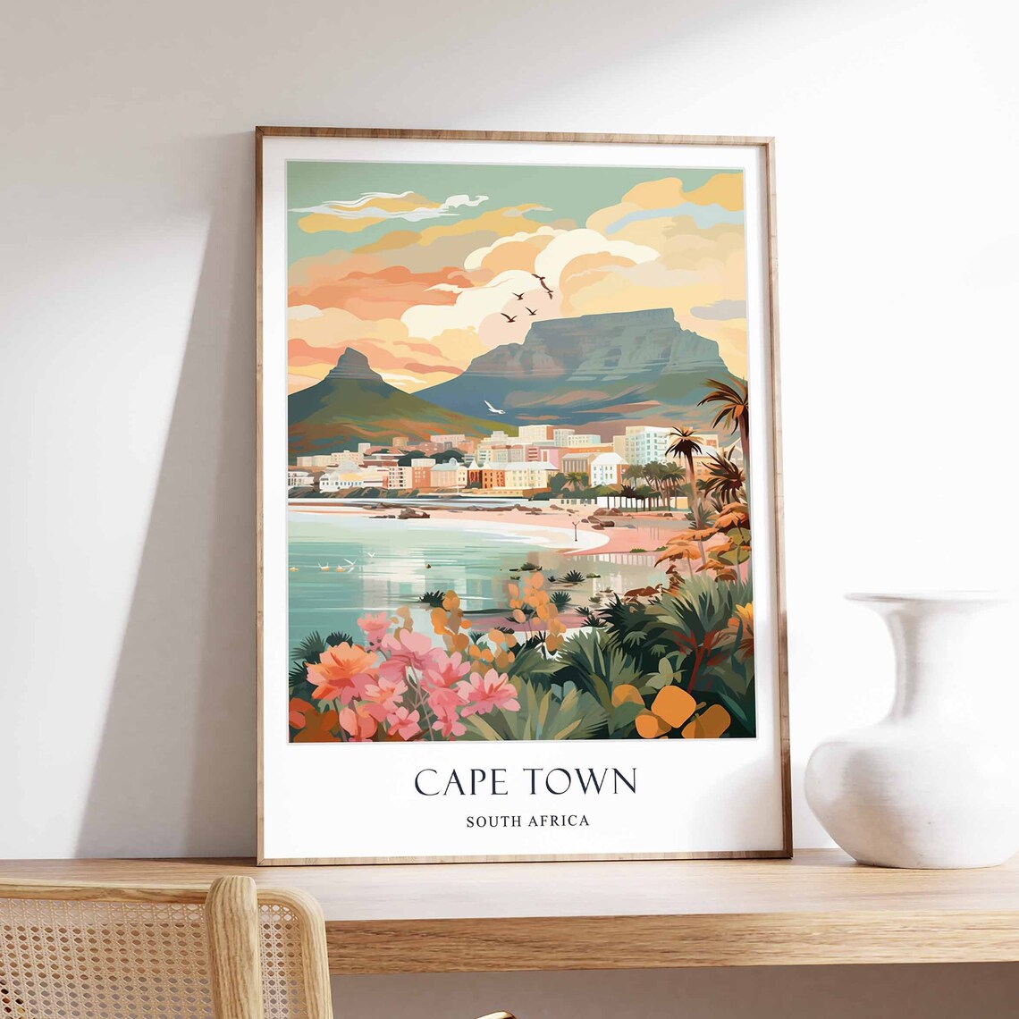 Cape Town South Africa Table Mountain Beach Sunset Travel Poster