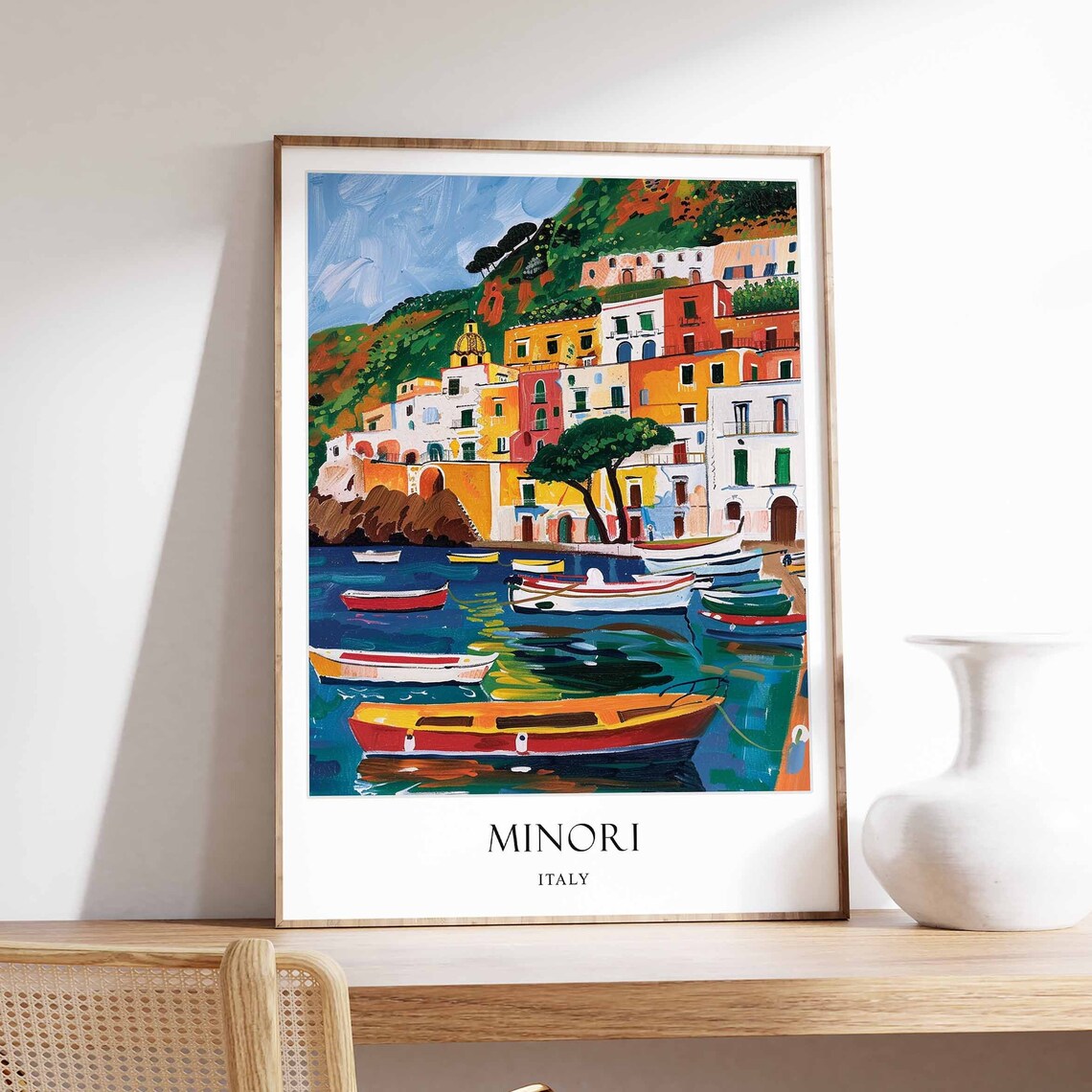 Minori Italy Amalfi Coast Harbor Boats Colorful Travel Poster