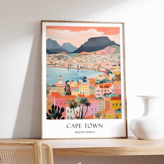 Cape Town Table Mountain With Colorful Houses South Africa Travel Poster