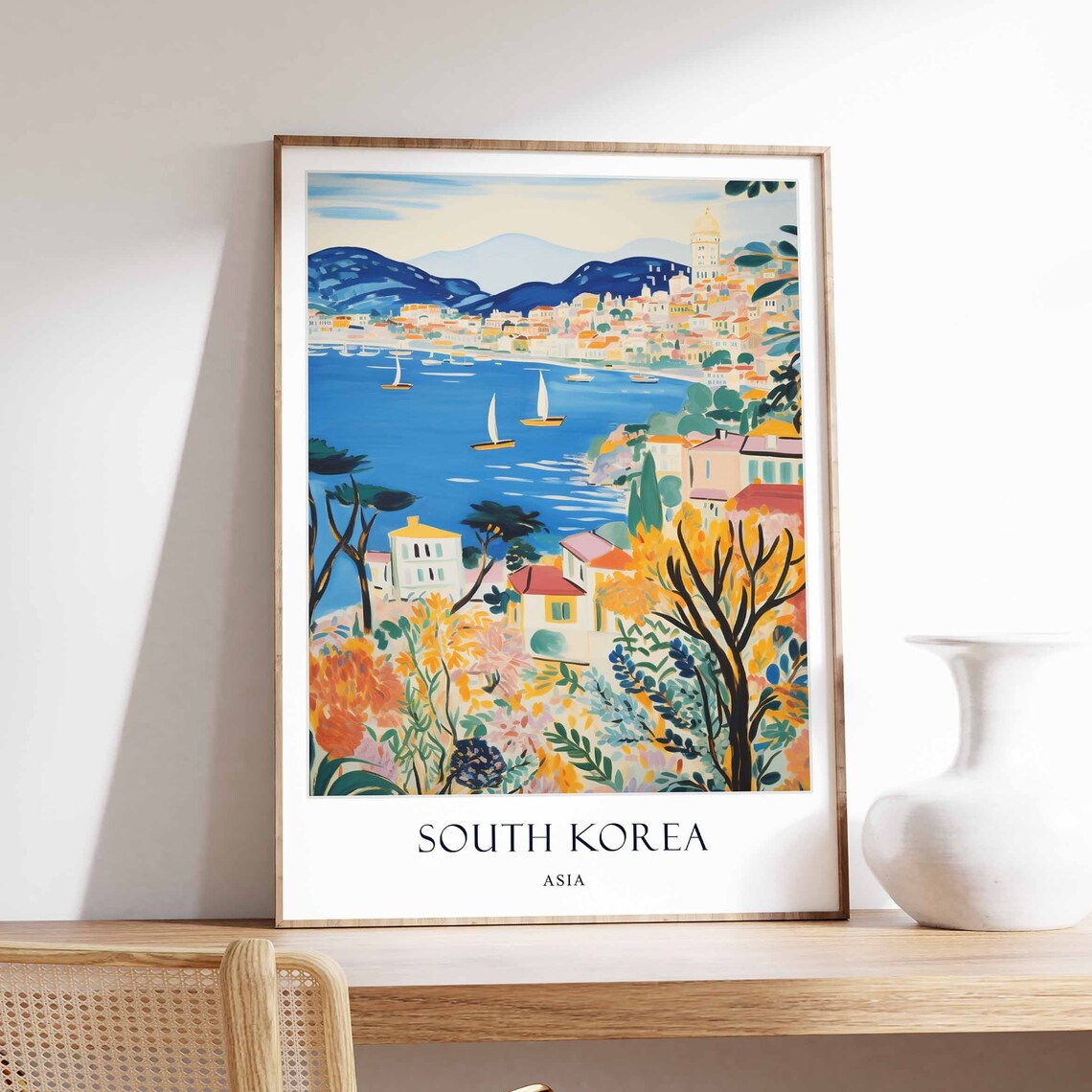 South Korea Coastal City Sailboats Hills Vibrant Travel Art Poster