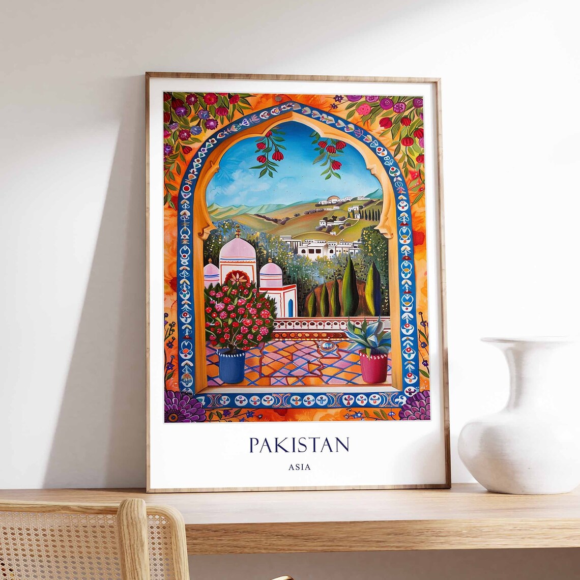 Pakistan Ornate Arch Window Hillside Town Folk Art Travel Poster