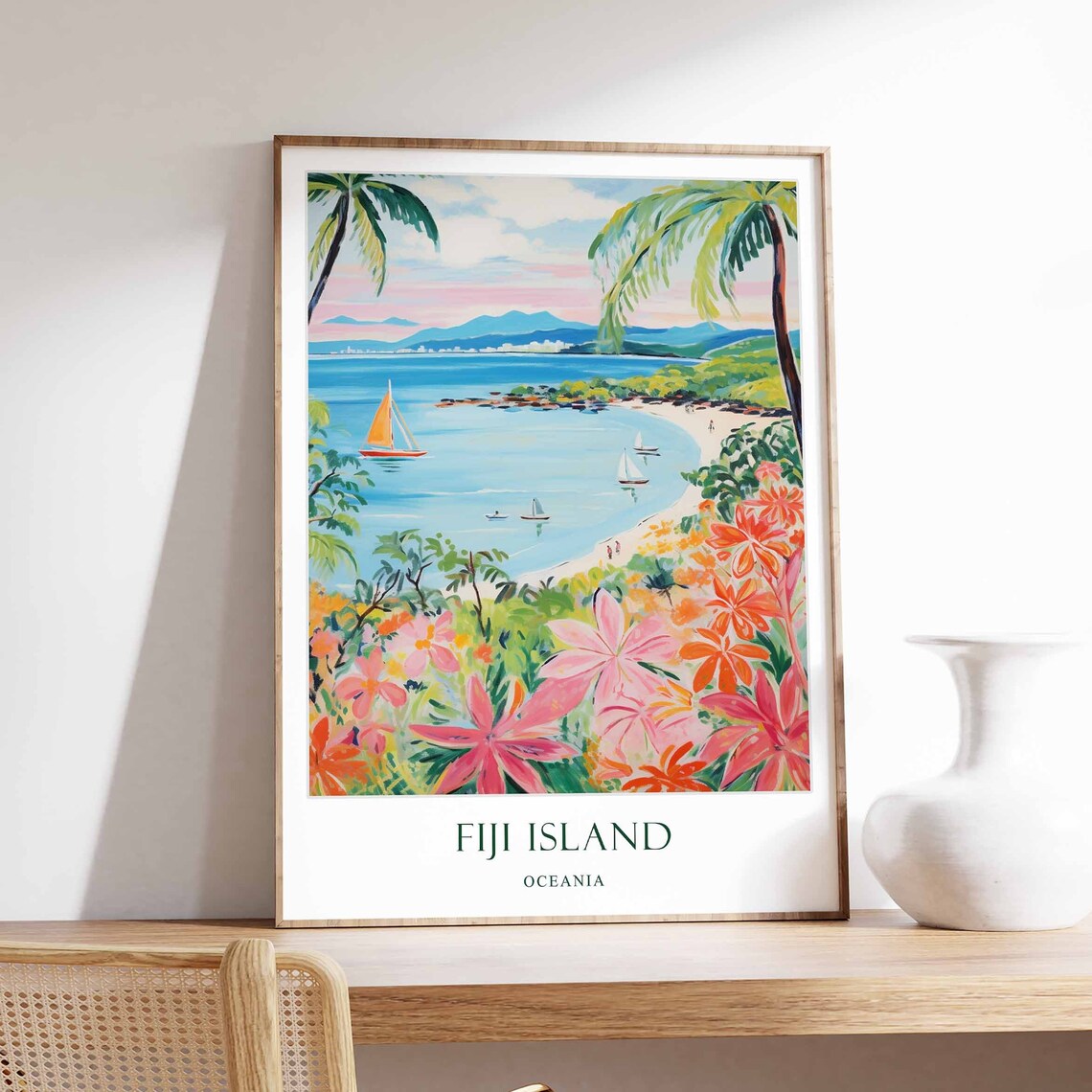 Fiji Island Oceania Tropical Bay Beach Sailboats Travel Poster