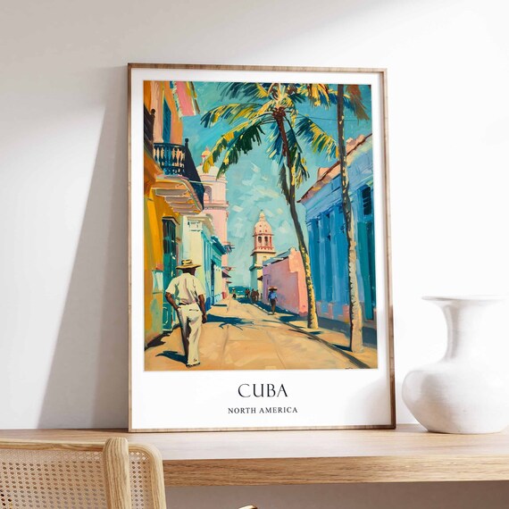 Cuba Colorful Colonial Street Palm Trees Travel Poster Latin Art