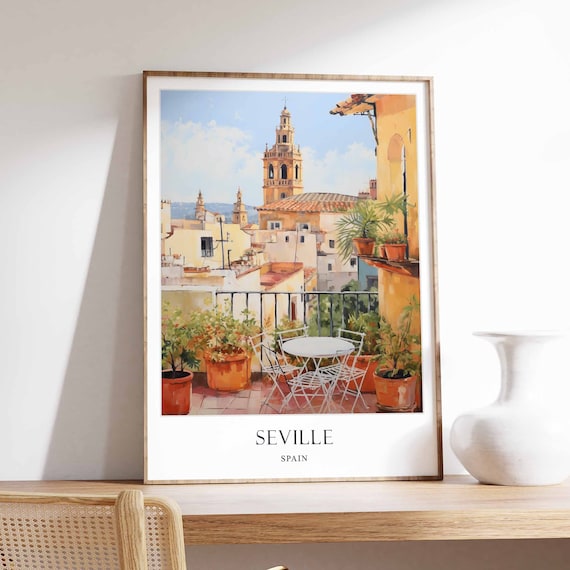 Seville Spain Sunny Terrace Watercolor European Travel Landmark Poster