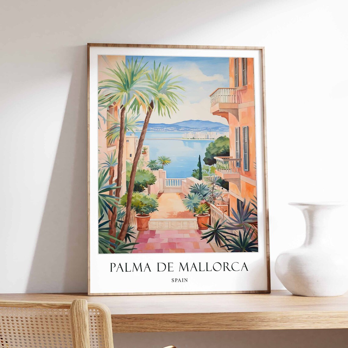 Palma de Mallorca Spain Sea View Steps Watercolor Travel Poster