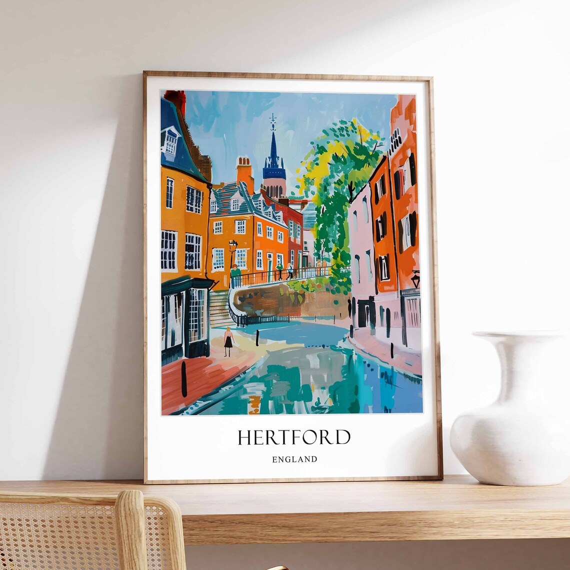 Hertford England Riverside Colorful British Town Travel Art Poster